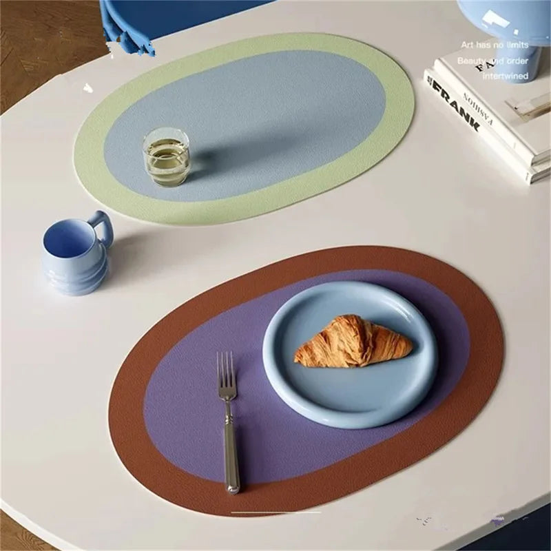 PU Placemats For Table Waterproof Non-Slip Insulation Leather Place Mats Set Style Christmas Coaster Cup Mat Elliptical Bicolor