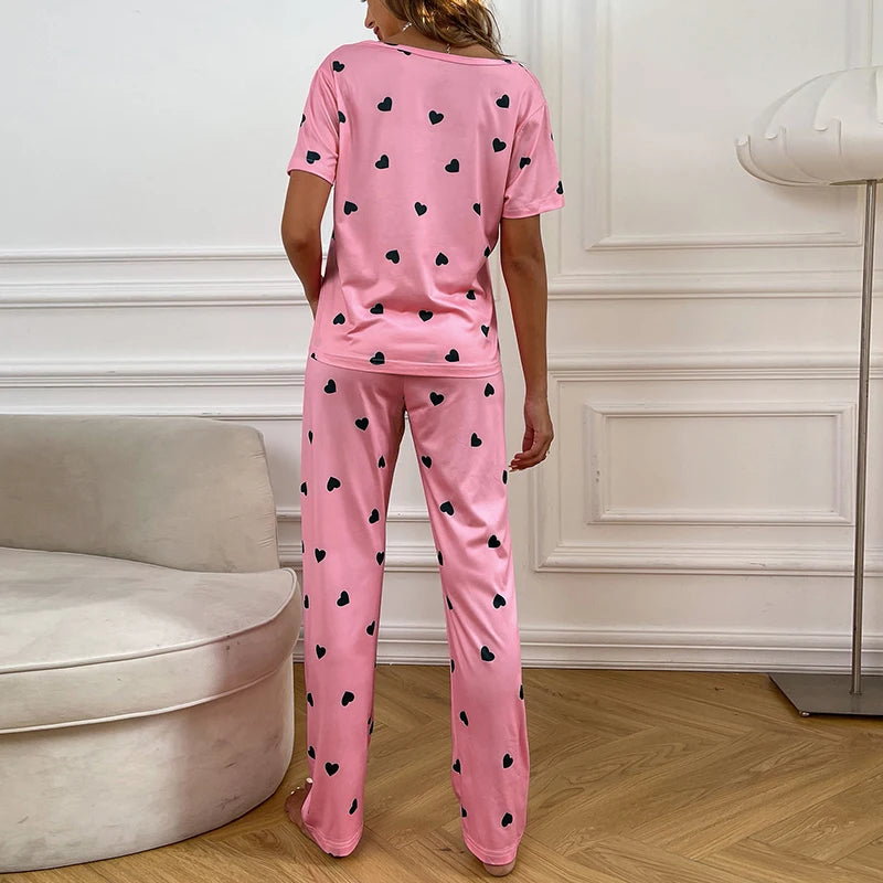 Women's Pajamas Set Soft Comfortable Letter Print T-Shirt & Plaid Long Pants Sleepwear 2 Pieces Home Clothes Loungewear Pyjama