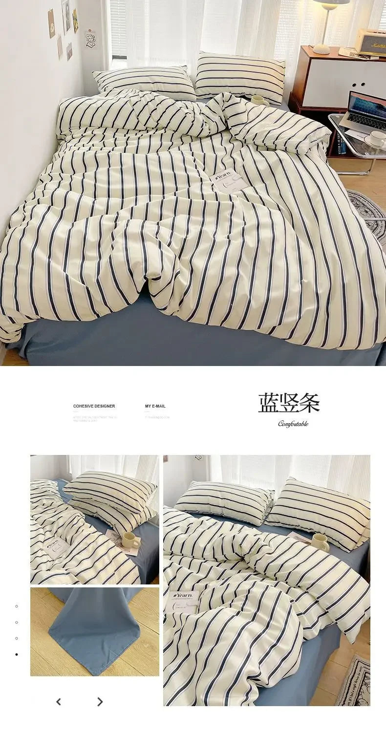 Simple Red and Blue Striped Duvet Cover and Four Piece Bed Sheet Set with Washed Cotton Bedding on the Bed