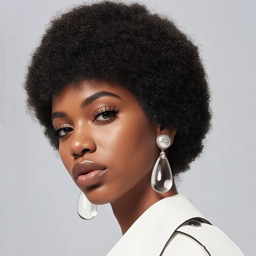 pixie cut wig short human hair wig  machine made afro curly pixie wig natural black color for women daily party use wig
