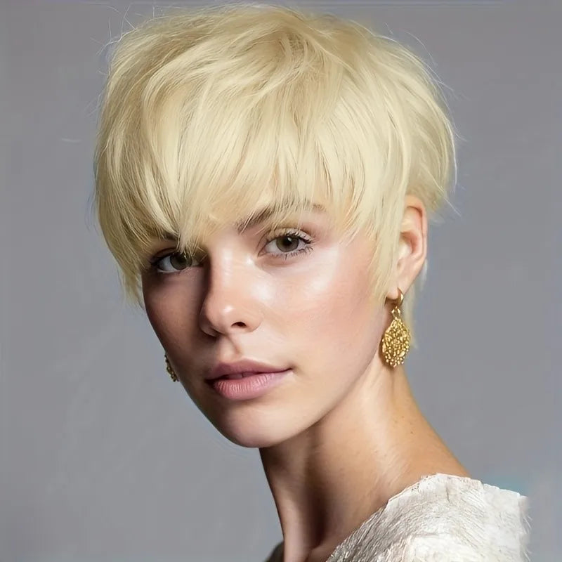 daily party use wigpixie wig blonde color machine made for women  pixie cut wig short straight human hair wig