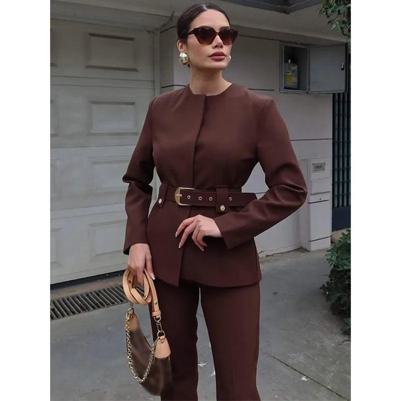 Elegant Women's Trouser Suits Long Sleeve O-Neck Top With Belt Solid Wide Leg Pants Female Suit 2025 Spring 2 Pieces Set Women