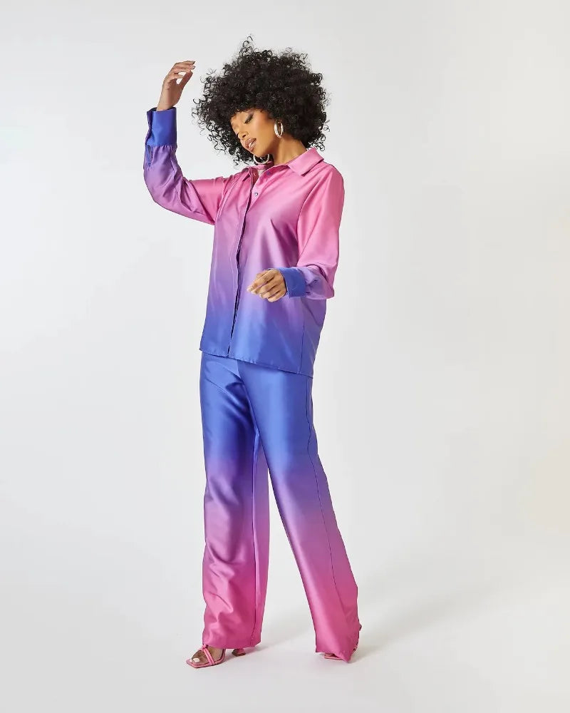 Elegant Women Two Piece Pants Set Casual Fashion Loose Long Sleeve Shirt Top High Waist Wide Leg Pants Suit Outfits Tracksuit
