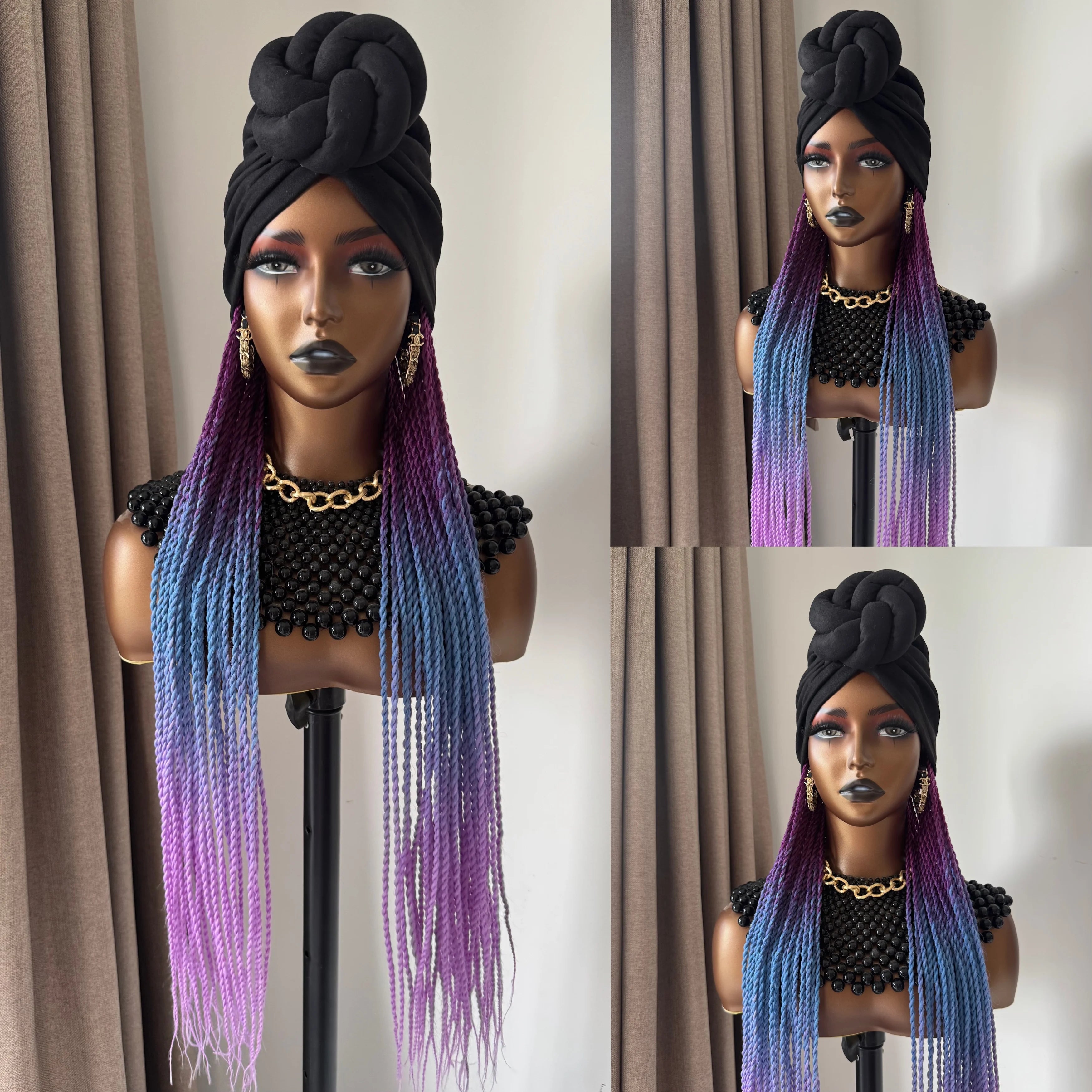 WIGERA Long 24Inch Ombre Fantasy Senegalese Twist Braided Synthetic Wig With Headband Turban Modular Design For Black Women