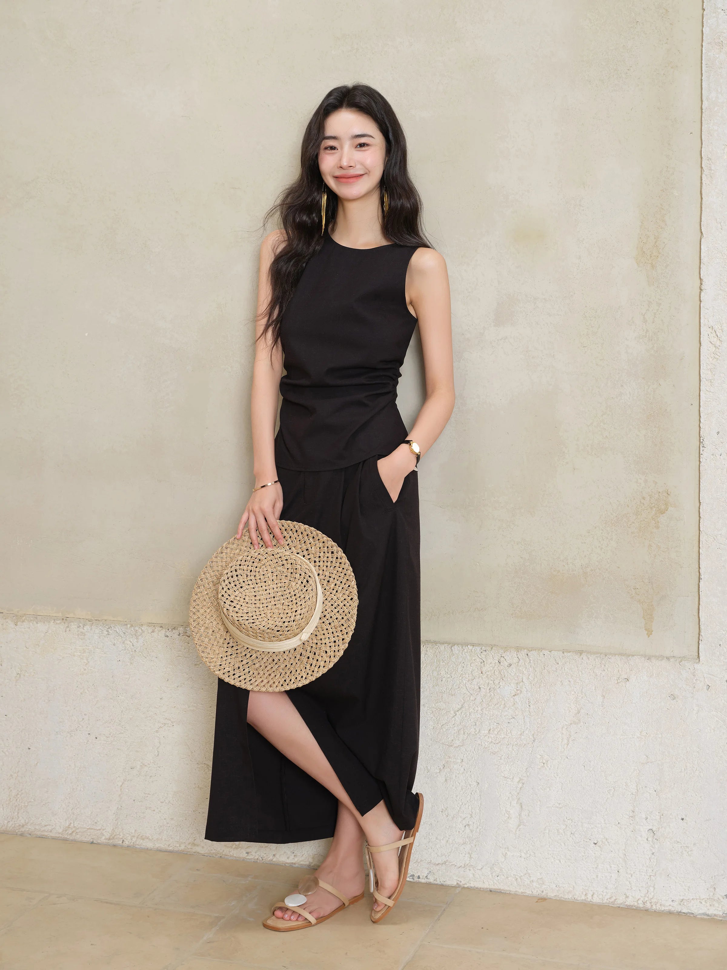 Black Sleeveless Top Skirt Set Women Petite Slim Fit Shirt Split Hem Straight Maxi Skirt Summer Two Piece  Elegant Matching Set