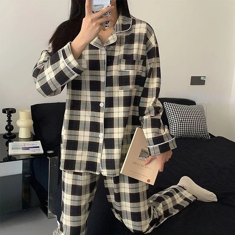 Trend Vintage Fashion Black Plaid Print Women Pajamas Literary Mature Lazy Home Casual Lounges 2025 Spring New Milk Silk Pajamas