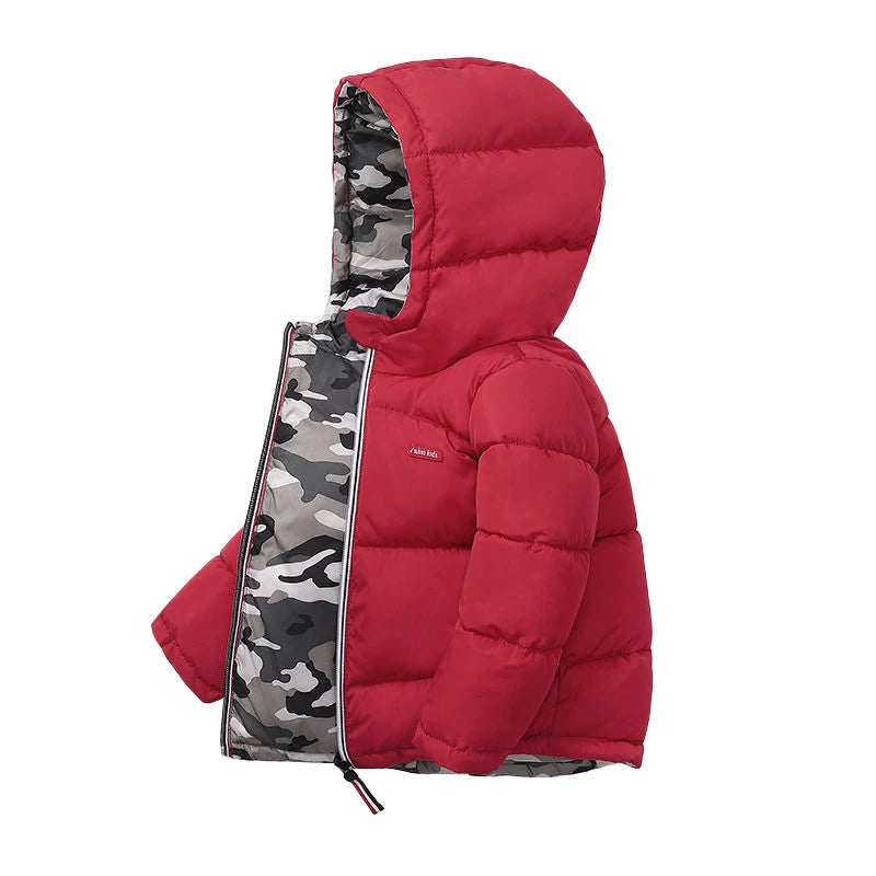Winter Boys Down Jackets Thicken Warm Double Sided Wear Hooded Kids Coat For 2-10 Years Children Outerwear Clothing