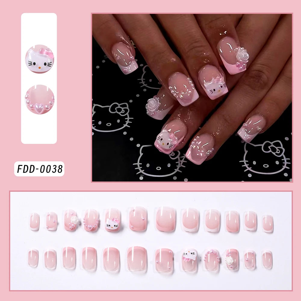24pcs 3D Hello Kitty Heart Bow False Nails Pink-White French Press on Nails Medium Square Fake Nails for Daily/Party/Gathering *