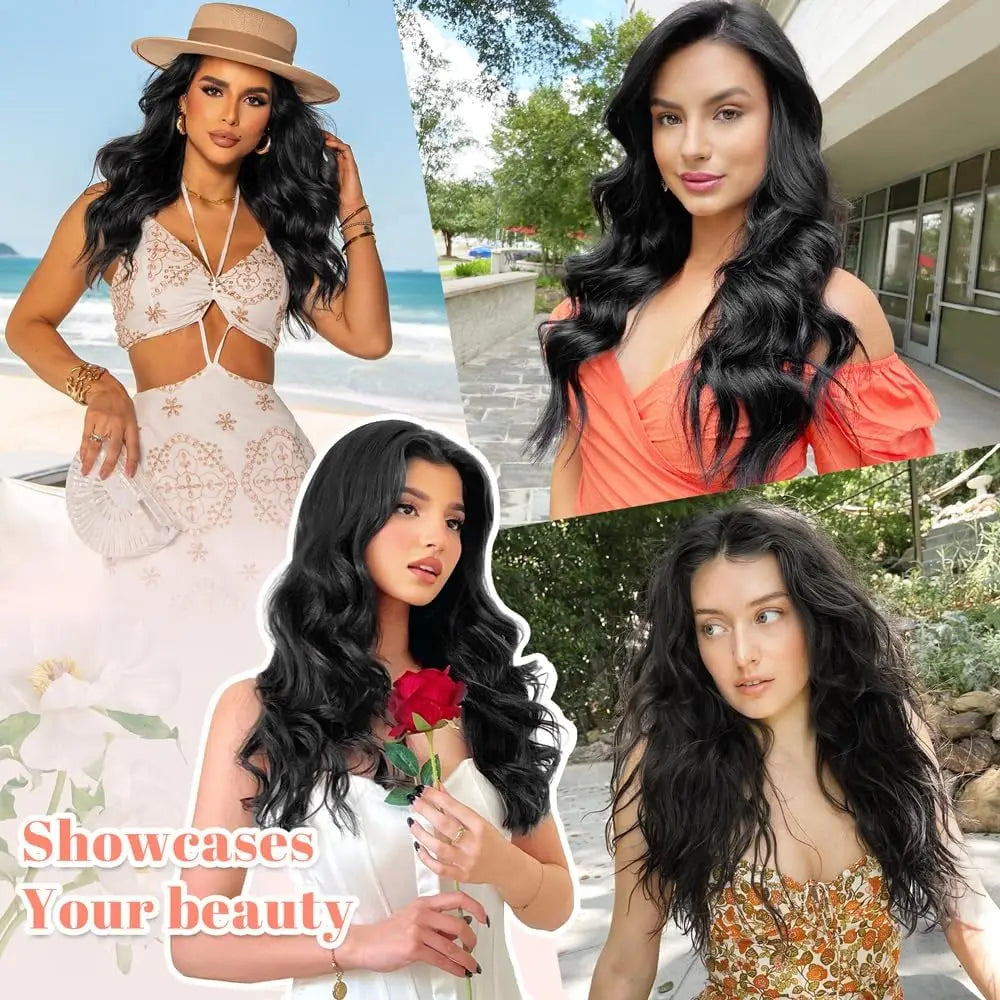 Natural Long Wavy Synthetic Hair Extension 18-32 inches Black 4pcs Hairpiece Fiber Double Weft Hair For Women Hair Accessories