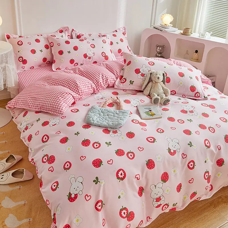 Juego de ropa de cama Kawaii para niños y adultos, sábana encimera, funda de edredón, funda de almohada, tamaño individual, doble, completo, ropa de cama floral de cerezo, textil para el hogar