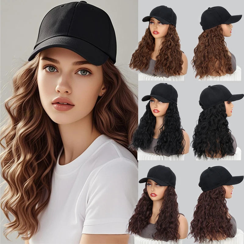 Synthetic 18Inch Long Curly Elegant Black Baseball Cap Hat Wig Heat-Resistant Hair Easy Wear Versatile for All Occasions