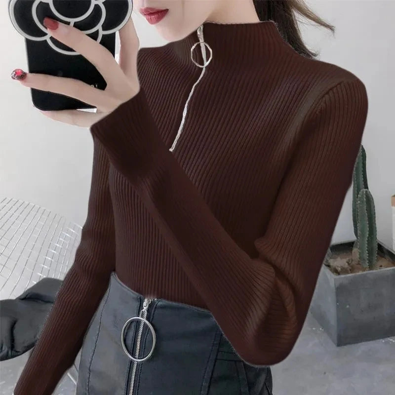 Suéter de punto para mujer con cremallera, cuello medio alto, jerséis de otoño e invierno, suéteres básicos de mujer, prendas de punto ajustadas, tops de mujer