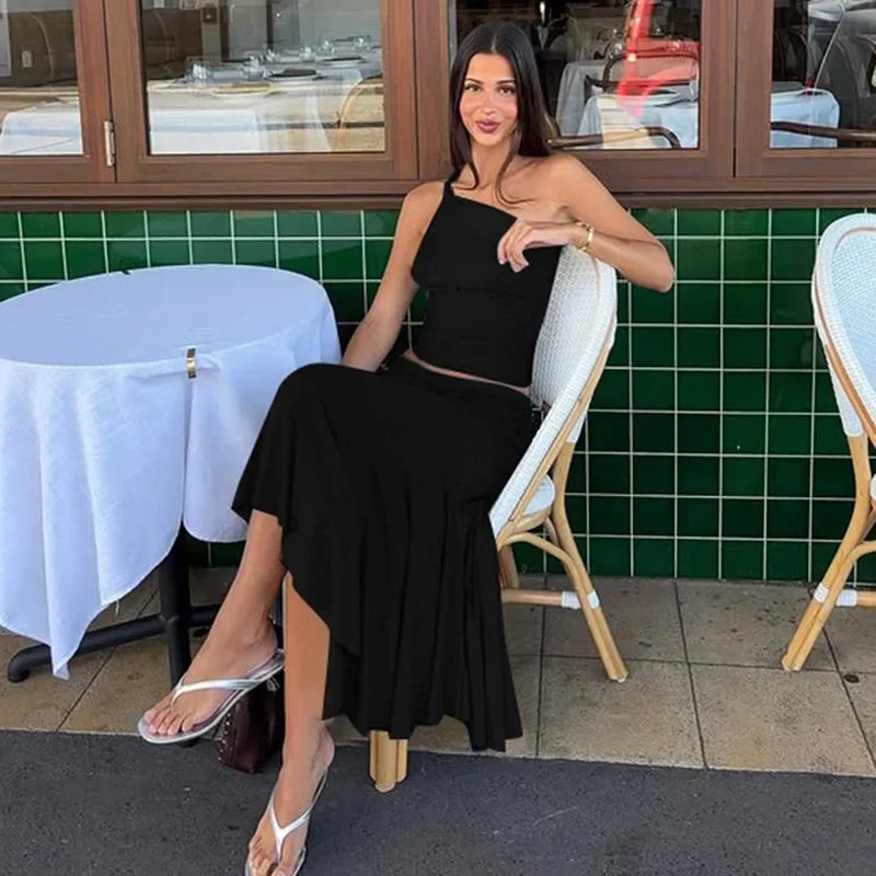 Fashion Pleated 2 Piece-Set Long Skirt For Women Off-Shoulder Cropped Pullover Top And Slim Long Skirt Sets Female Outfits