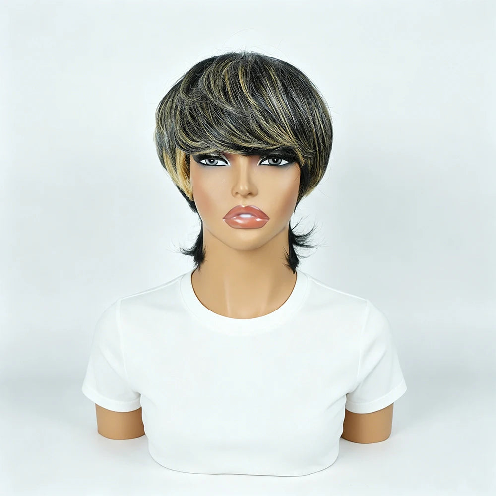 Black Blonde Highlight Layered Mullet Pixie Human Hair Wig with Bangs, Highlighted Black Blonde Feathered Mullet Pixie Cut Wig with Side Swept Fringes, Full Machine Made Spiky Tail Nape Style for Daily Work & Events