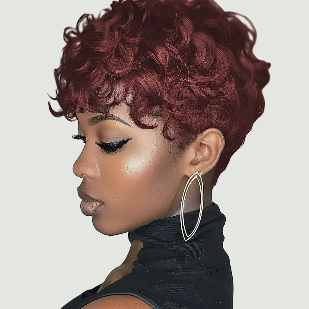 Perruque Courte Bouclée Elf Femme Noire Perruque Synthétique Femme Noire Forme Vague Naturelle Perruque Coupe Elfe Noire Courte Bouclée Dégrafilée Elfe