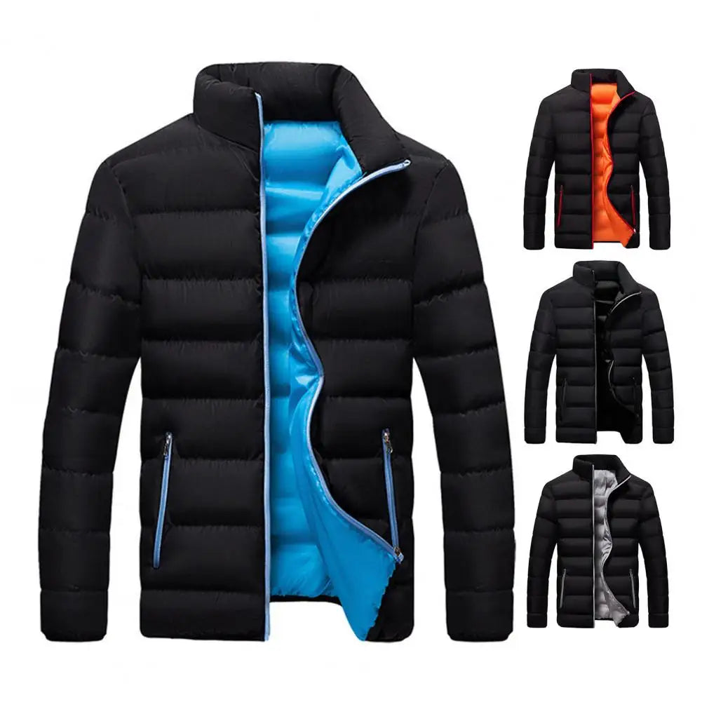 Stand Collar Men Jacket Stylish Men's Cotton Jacket Warm Winter Coat with Stand Collar Zipper Pocket Casual Loose Fit for Autumn