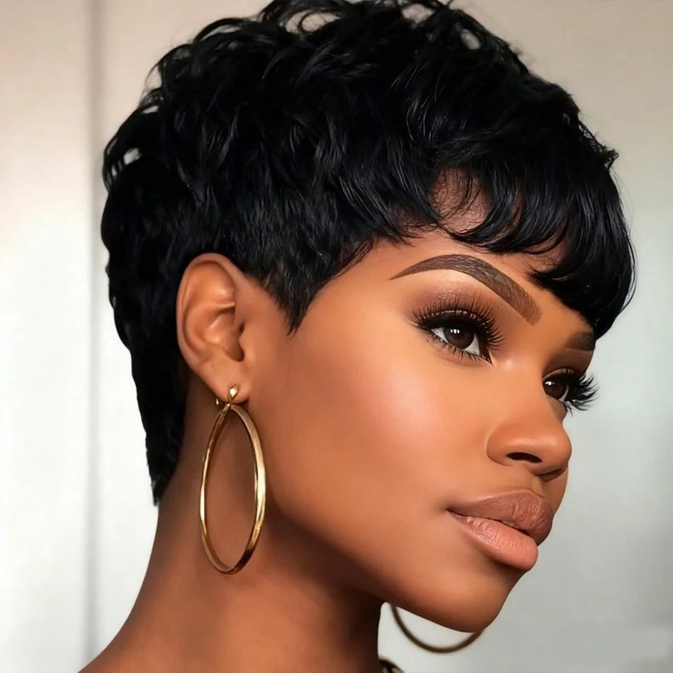 Peluca Corta Pixie Lacia de Cabello Humano con Flequillo Cabello Peruano Hecha a Máquina Completa Corte Pixie en Capas para Uso Diario