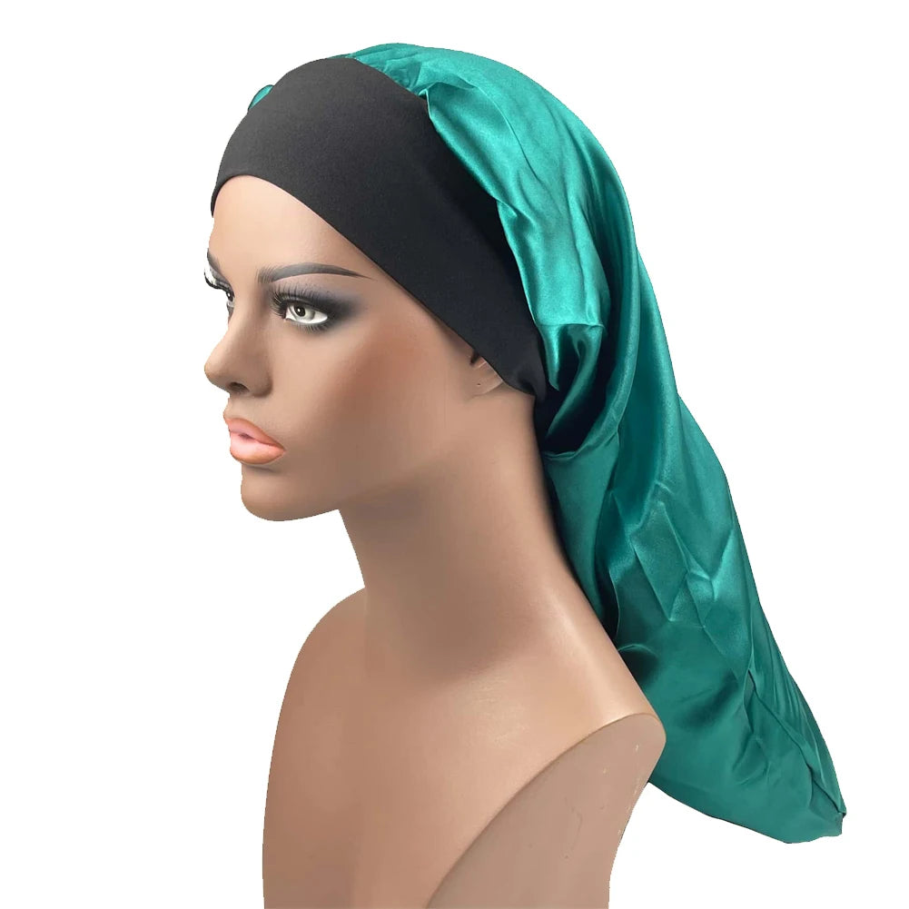 Satin Long Braid Bonnet Solid Color Sleeping Cap Bonnets for Women Wide Stretchy Band Night Cap Hats for Women