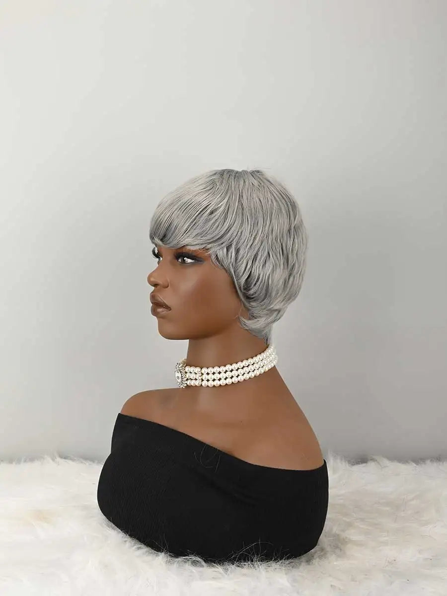 Grey Wigs for Women Short Wigs Short Curly Wigs Short Cut Hair with Bangs for Women Pixie Short Wig Synthetic Layered Wigs with Bangs Heat Resistant Fiber Wig For Daily Use