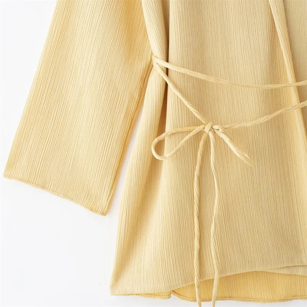 Women's Pajamas for Women 2 Pieces Set Kimono Style Loose Lace Up Shirts Tops Women's Wide Leg Pants Sets Sleepwear Women