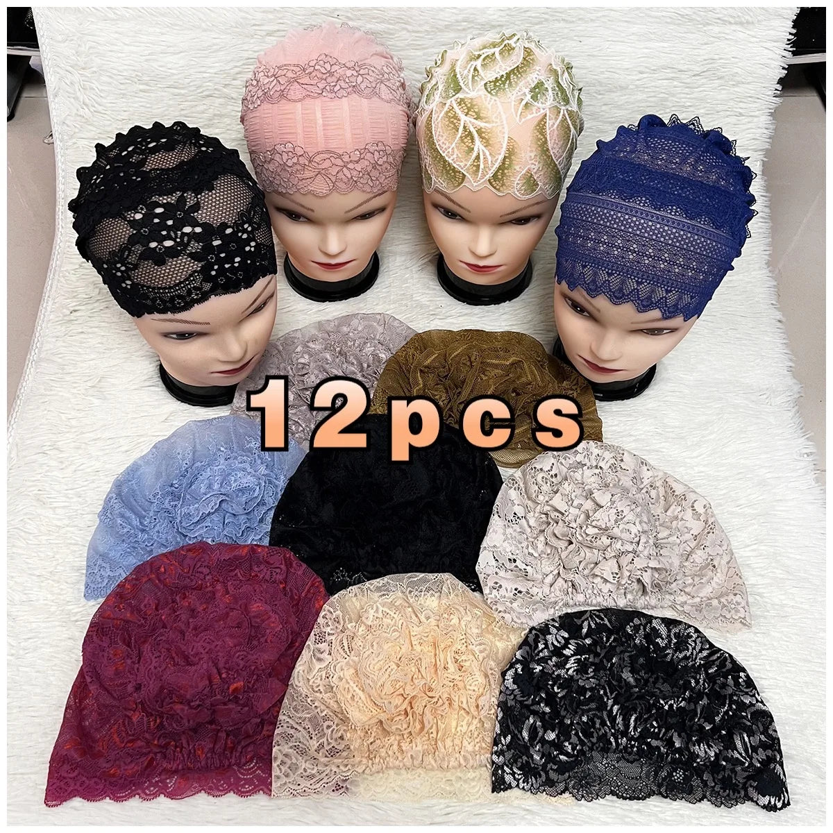 Elastic Design Lace Hollow Out Flannel Hat Women's Cap Forehead Cross Muslim Base Scarf Indian National Style Pearl Headdress
