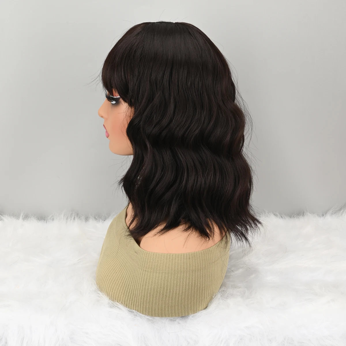 Natural Brown Synthetic Curly Wavy Bob Wig with Bangs for Women