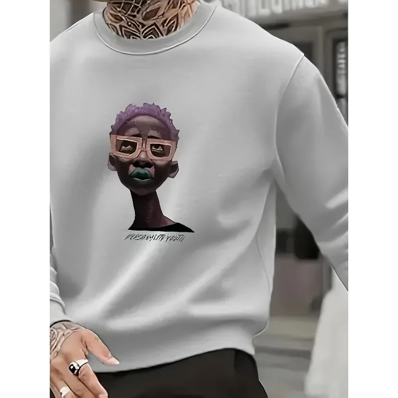 Fashionable Youth Street Culture Printed Men's Round Neck Hoodie And Pants Set, Autumn And Winter Casual Sportswear,