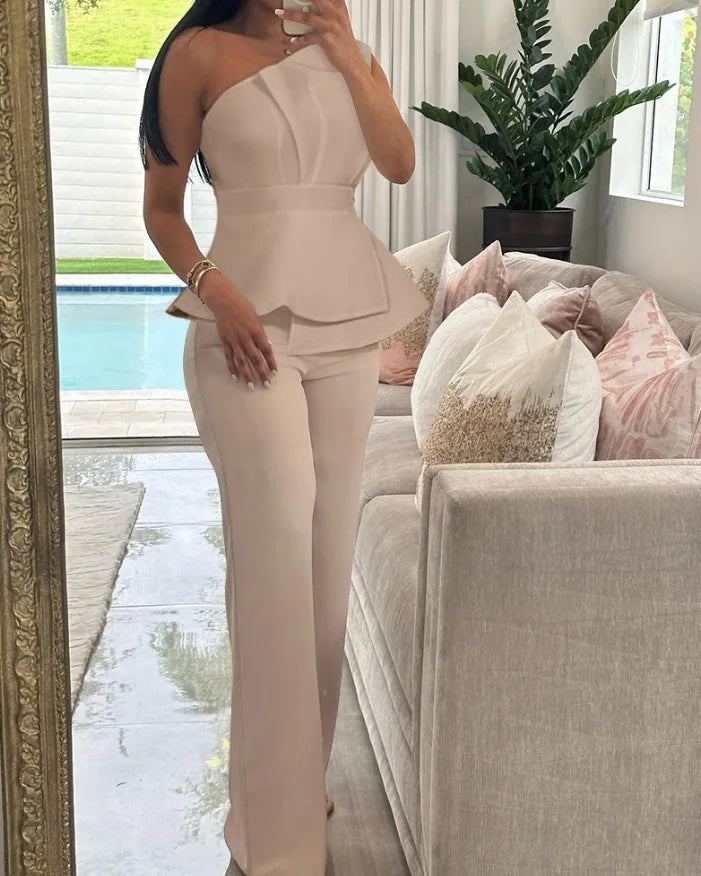 Women's Two-piece Sets Spring And Summer Single-shouldered Wrinkled Sleeveless Top & High-waisted Straight Pants 2pcs Set