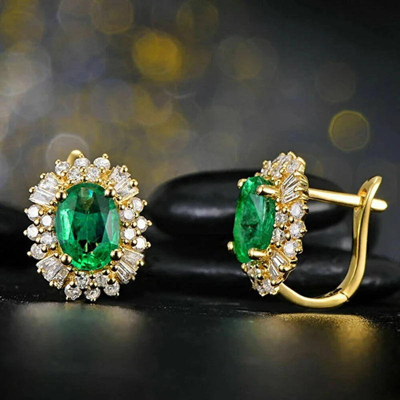 Huitan Oval Green Cubic Zircon Earrings for Women New Trendy Temperament Female Ear Accessories Party Luxury Jewelry Fancy Gift