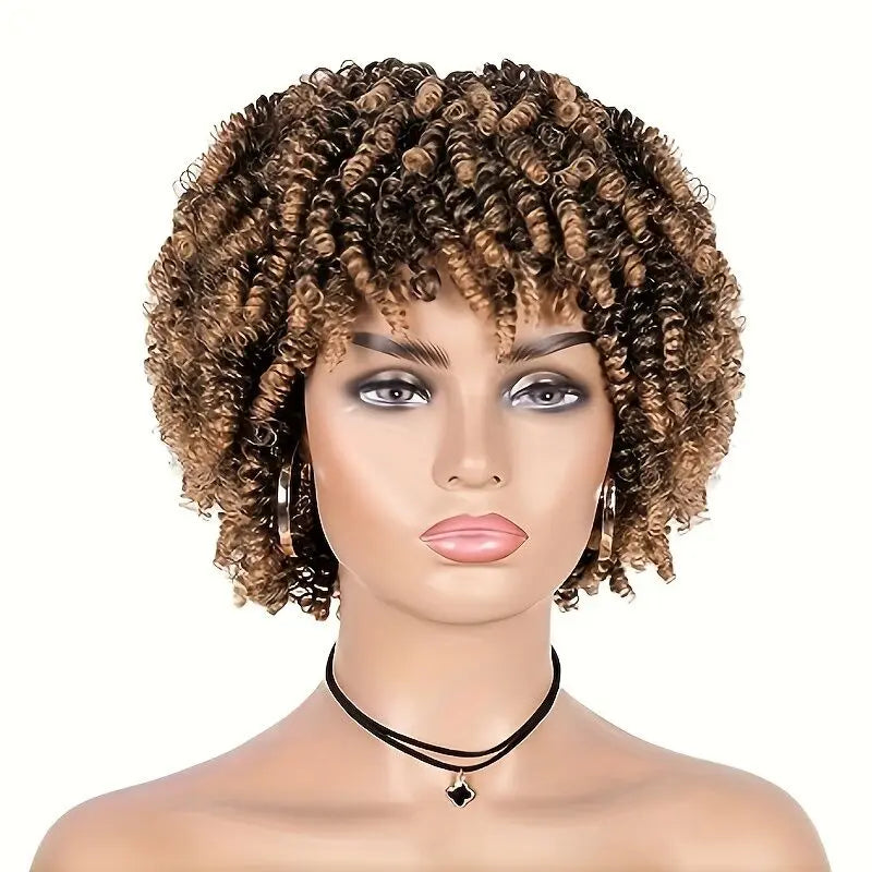 Afro Wig Short Curly Wigs Synthetic Hair Wigs for Black Women, Short Curly Afro Wigs with Bangs Natural Curly Cosplay Party