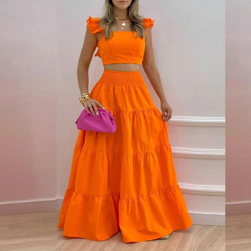 Skirt Sets Womans Clothing Streetwear New Spring/Summer Elegant Sexy Collage Sleeveless Top and Longuette Suits for Female