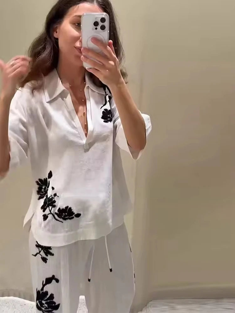 Tied Casual Pants 2 Pieces Sets For Women Sequin Embroidery Top High Waist Trousers Women's Suit 2025 Two Pieces Woman Outfits ﻿