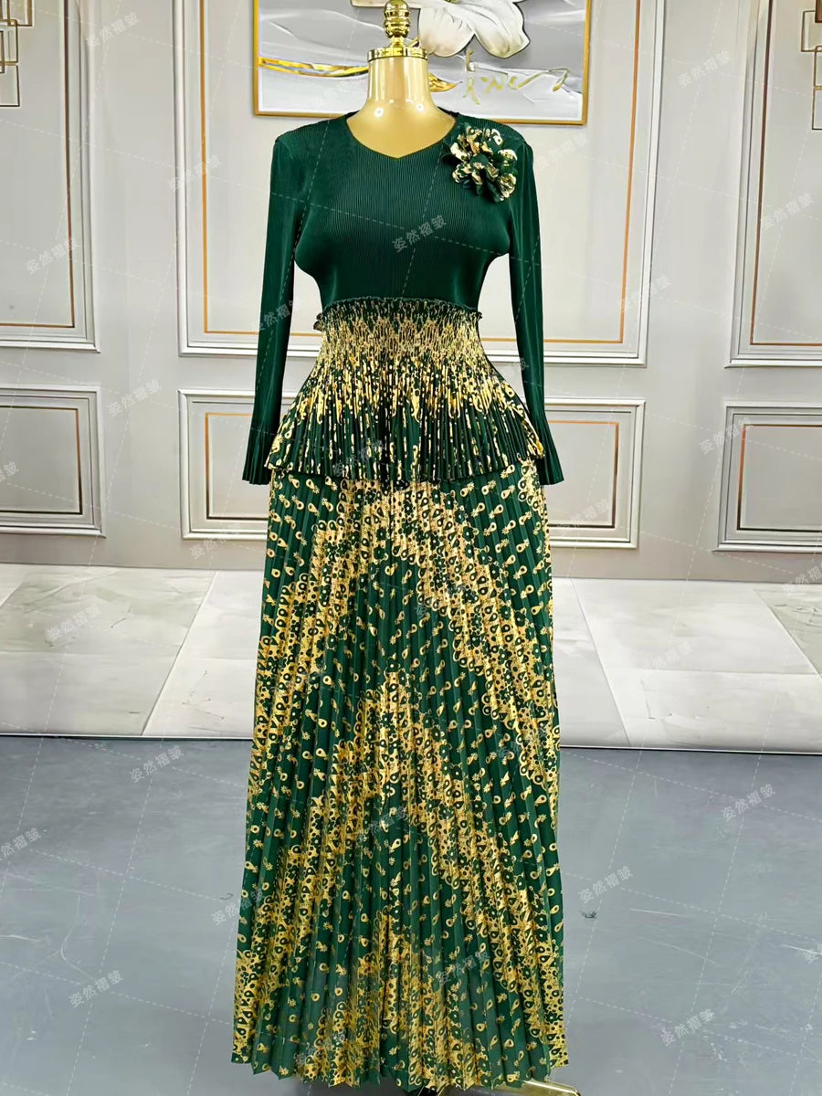 Luxury Women Chic Evening Dresses Formal Ball Gowns Elegant Party Miyake Pleated Long Sleeve Dress Female Plus Size Clothes