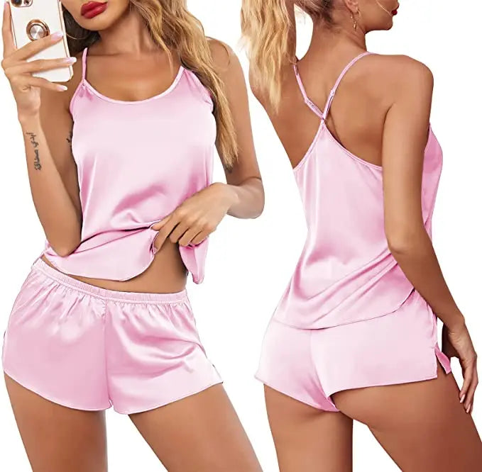 Conjuntos de pijama de satén y encaje sexy para mujer, ropa de dormir, tops sin mangas + pantalones cortos, conjuntos de 2 piezas de pijama para mujer
