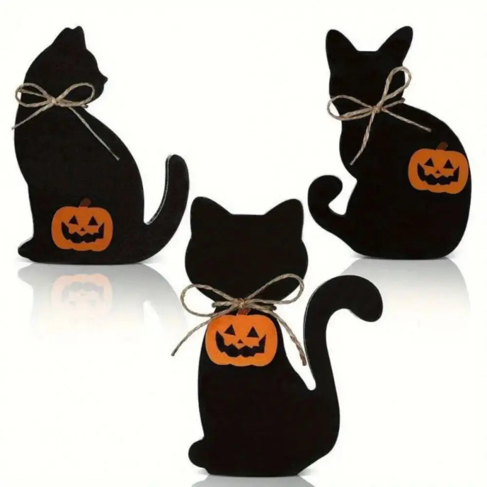 3pcs Table Centerpiece Decoration Wooden Halloween Black Cat Ornament Cute Decorative Cat Sculpture Vivid Animal Statue Tabletop