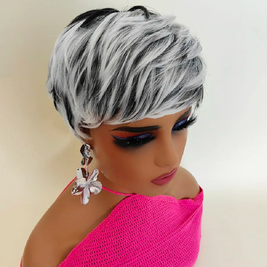Short Pixie Cut Wigs Black Ombre White Synthetic Hair Wig with Bangs Heat Soft US