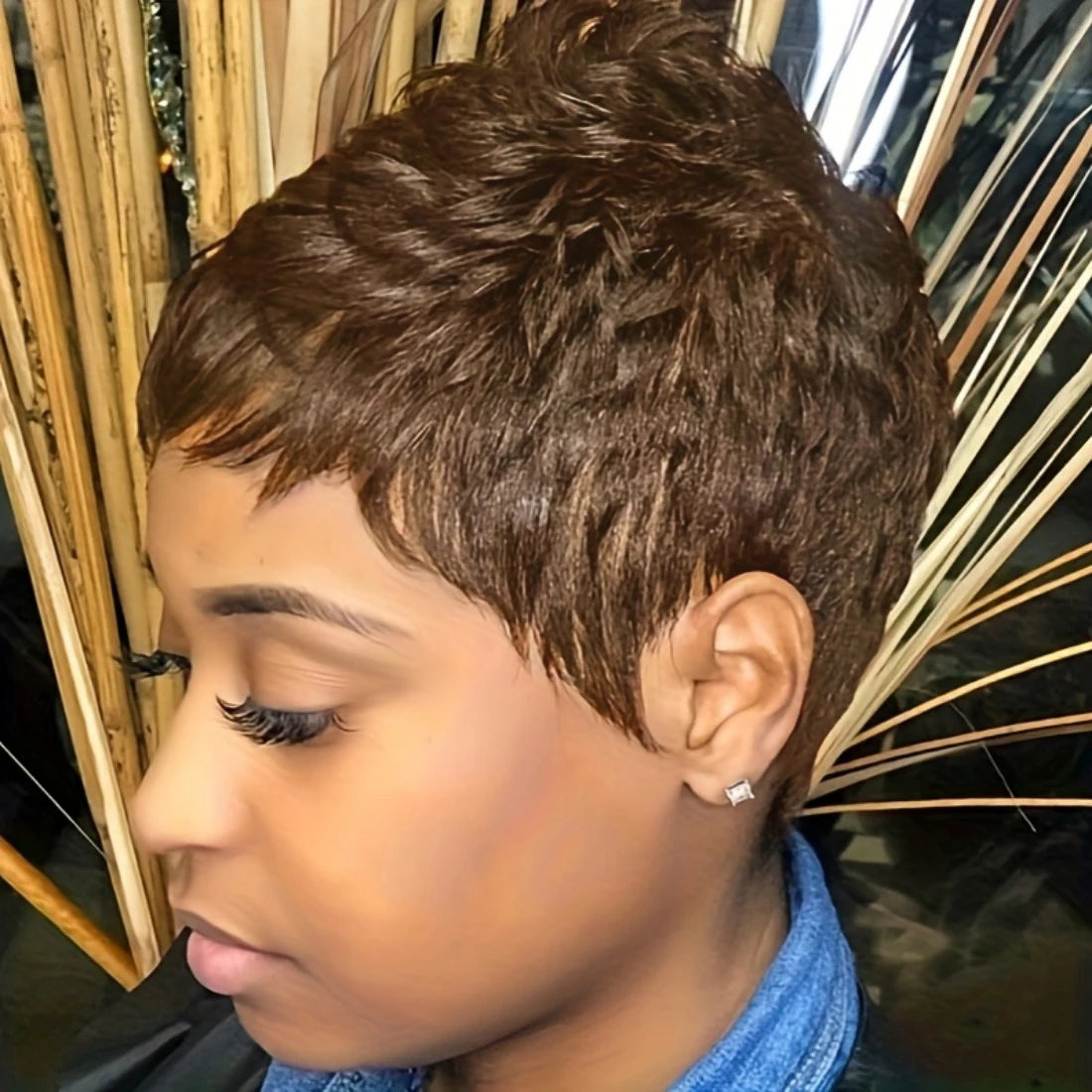Peluca de cabello humano, corte pixie corto, color natural, marrón 99J, con flequillo