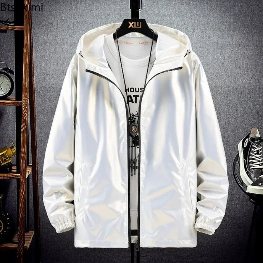 Chaquetas con capucha de superficie brillante para hombre, para senderismo, pesca, deportes al aire libre, cortavientos, estilo fino, abrigos de tendencia, ropa de hombre 7XL