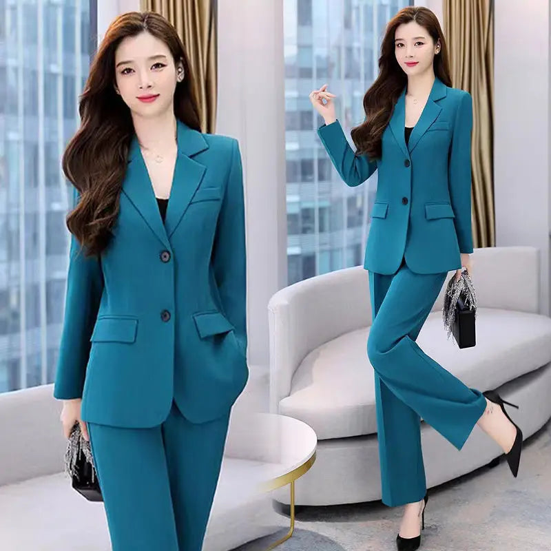 Women's Fashion Professional Suit Korean Elegant Spring Autumn New Casual Blazers Coat + Pants Two-piece Set Femlae Clothing