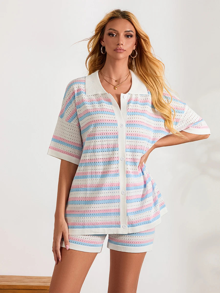 Conjunto de Pijama de Mujer de 2 Piezas Trajes de Salón Verano Rayas Contraste de Color Botón Tops de Punto de Ganchillo y Pantalones Cortos Conjuntos de Salón Playa
