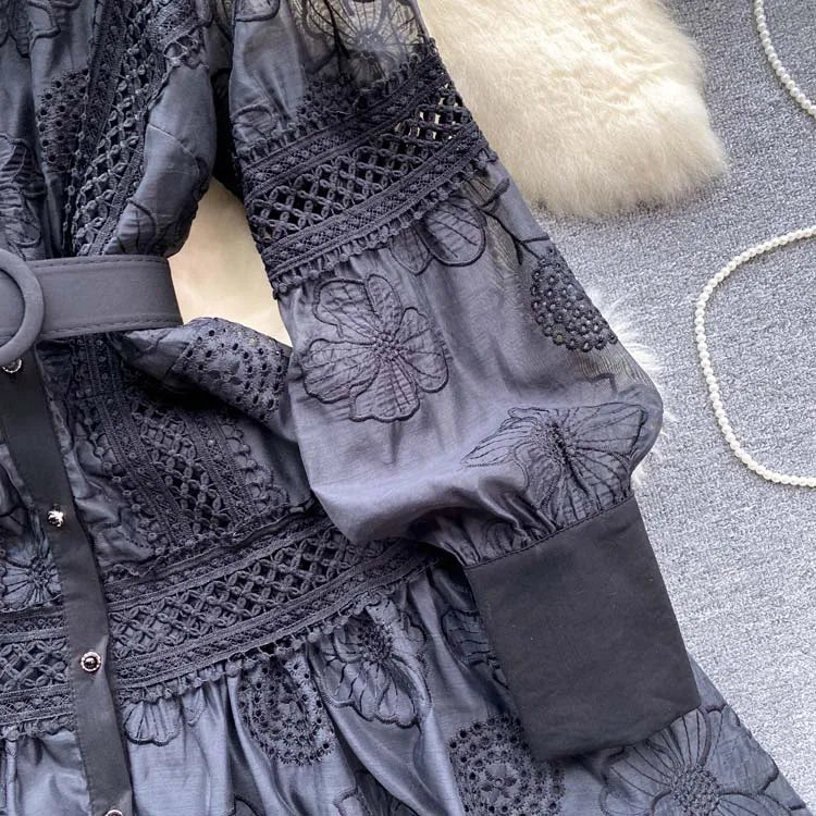 Luxury Women Lace Shirt dress White Black  New Vintage embroidery Lantern sleeve dresses with belt Sexy clothes INKEO 4D062