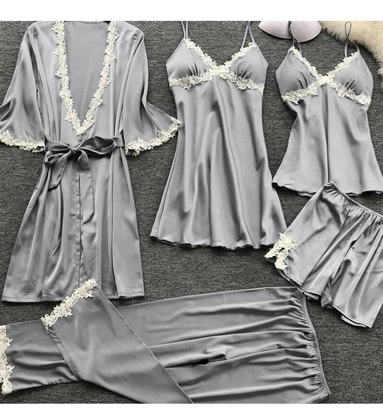 Pajamas Five Piece Set Sexy Lace Trim Nightgown Nightwear Spring Summer Women Bath Robe Loose Satin Home Wear Pijamas Suit
