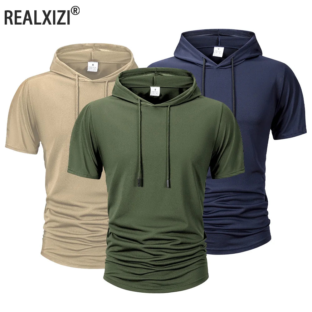 Men's Summer Hoodies T-shirts Short Sleeve Solid Color Loose Hooded Drawstring Pullover Tops Male Casual Sweatwear T-shirt