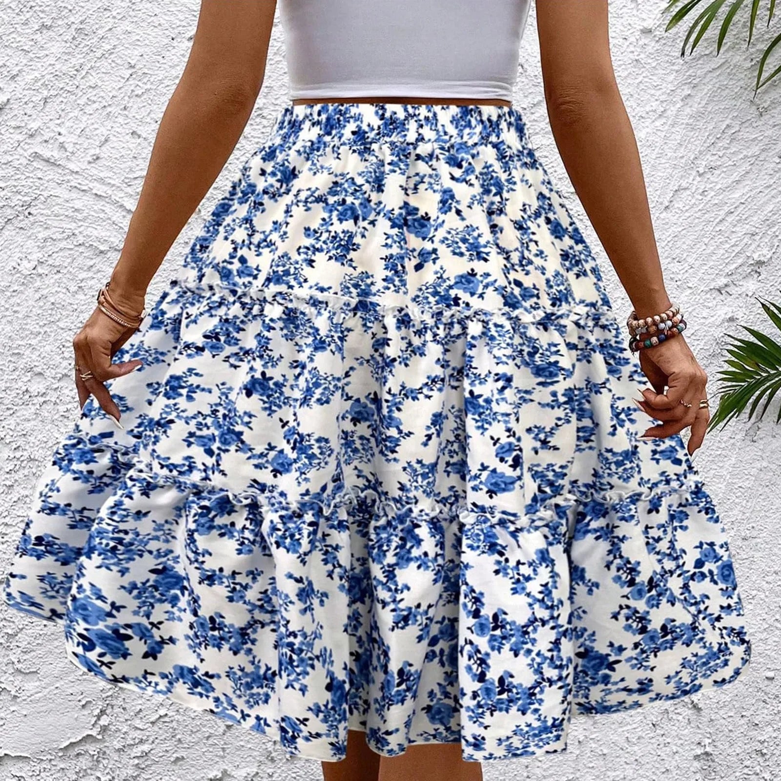 Women's Spliced Cake Skirt Fashionable Floral Print Elastic Waist Strap Versatile Casual Skirts Comfortable knee-length skirt