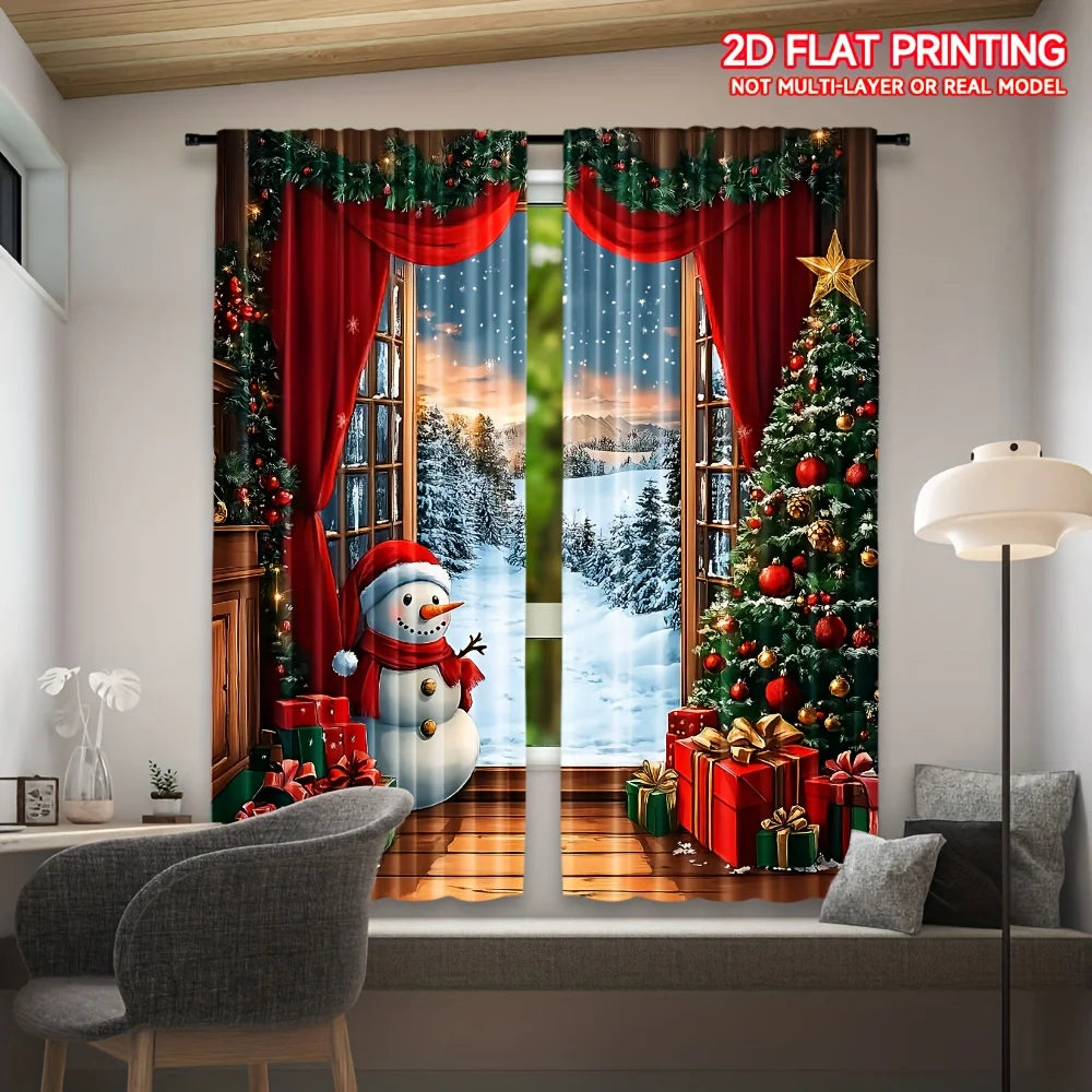 2PCS Christmas Curtains – Santa, Snowman & Festive Charm
