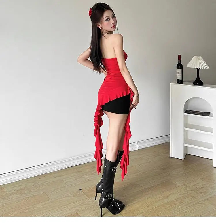 Women Bustier Tops Irregular 3D Roses Ruffle Slim Aesthetic Summer Chic Streetwear Tops Solid Red Womenswear Black White Sexy