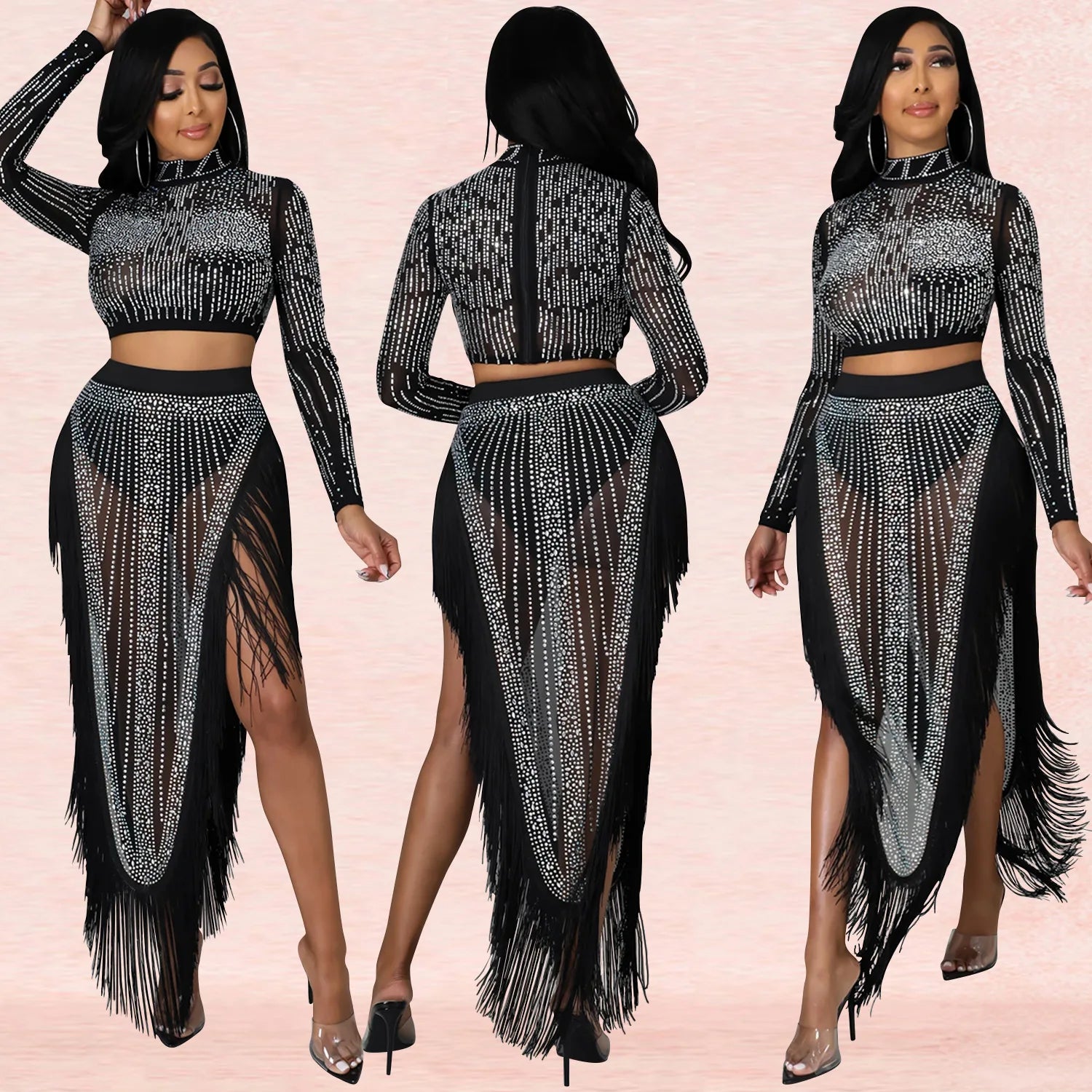 Skirt Set Women Two Piece Sets Dress Sets Mock Neck Matching Set Diamond Short Tops Party High Waist Long Skirts Sexy Hot Tassel