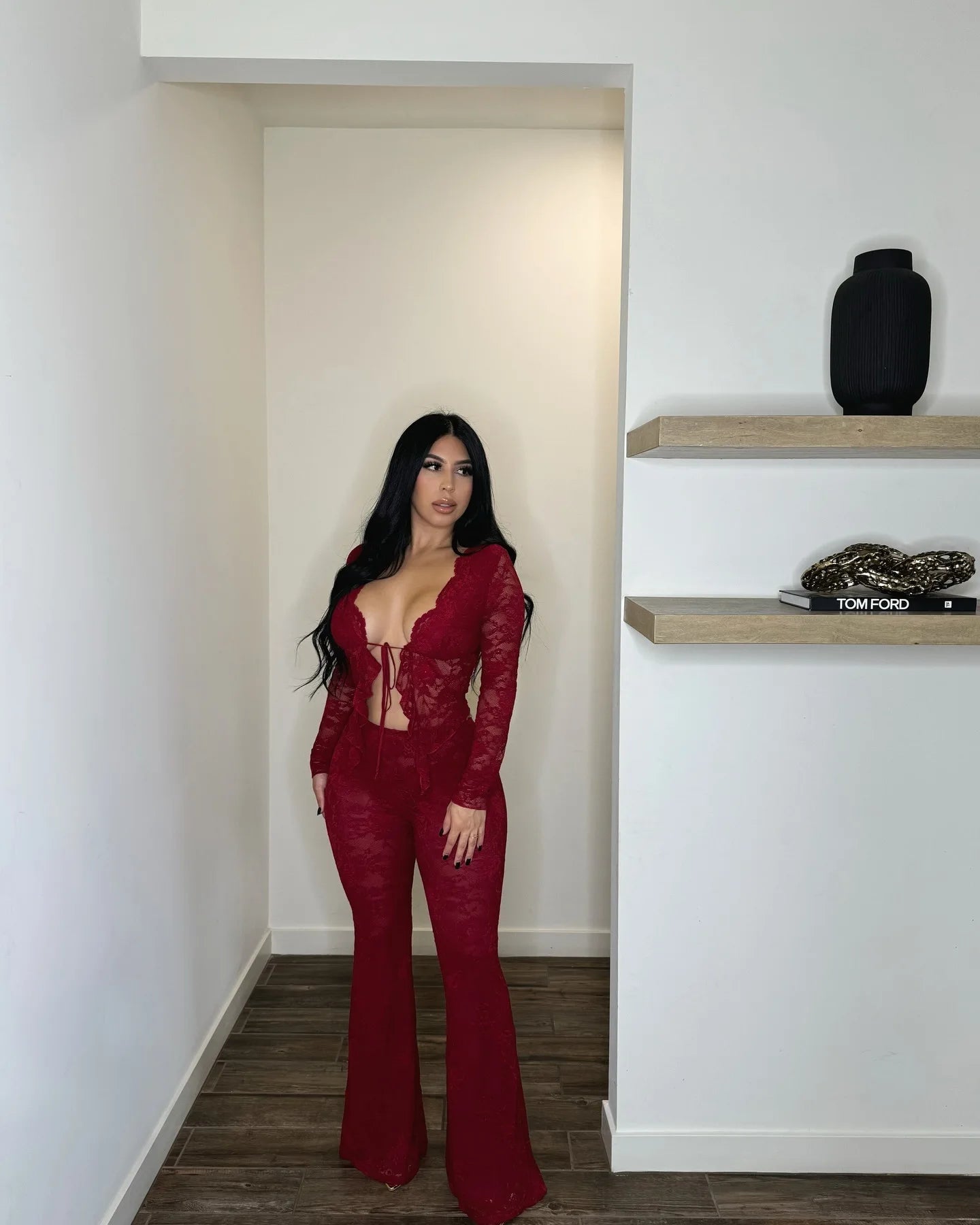 Pant Sets Women Two Pieces Cardigan Lace Sexy Tops Tracksuit Full Wide Leg Pants Loose Fit Casual Spliced High Waist Solid