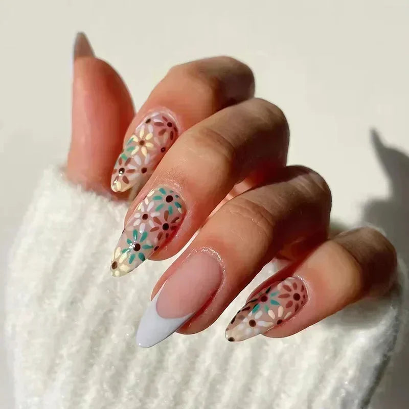 French Press on Fake Nails with Flowers Designs Summer Blue Short Almond False Nails Wearable French Full Cover Press on Nails