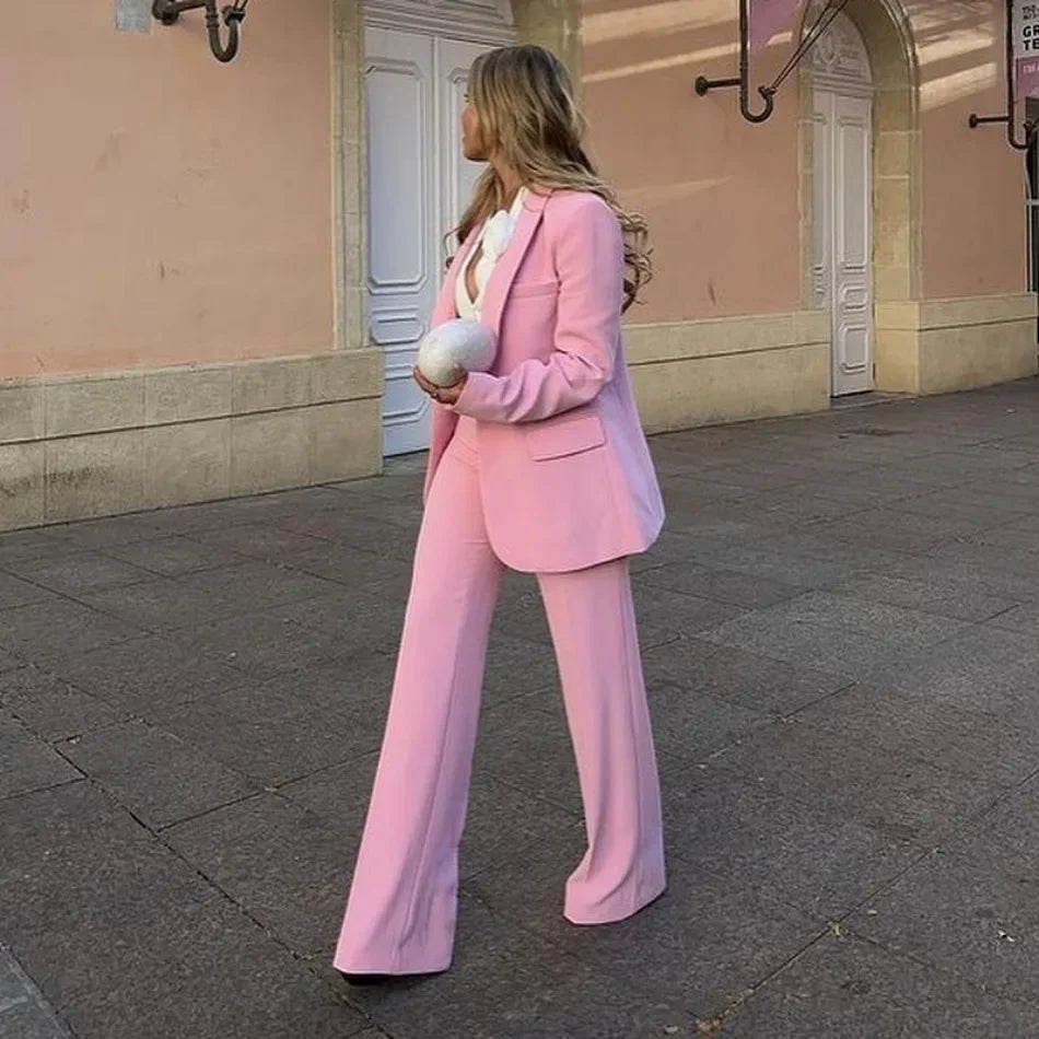 Women's Blazer New Spring Elegant Casual Office Lady Pink Jacket Coat Fashion High Waist Loose Wide Leg Trousers Pant Suit